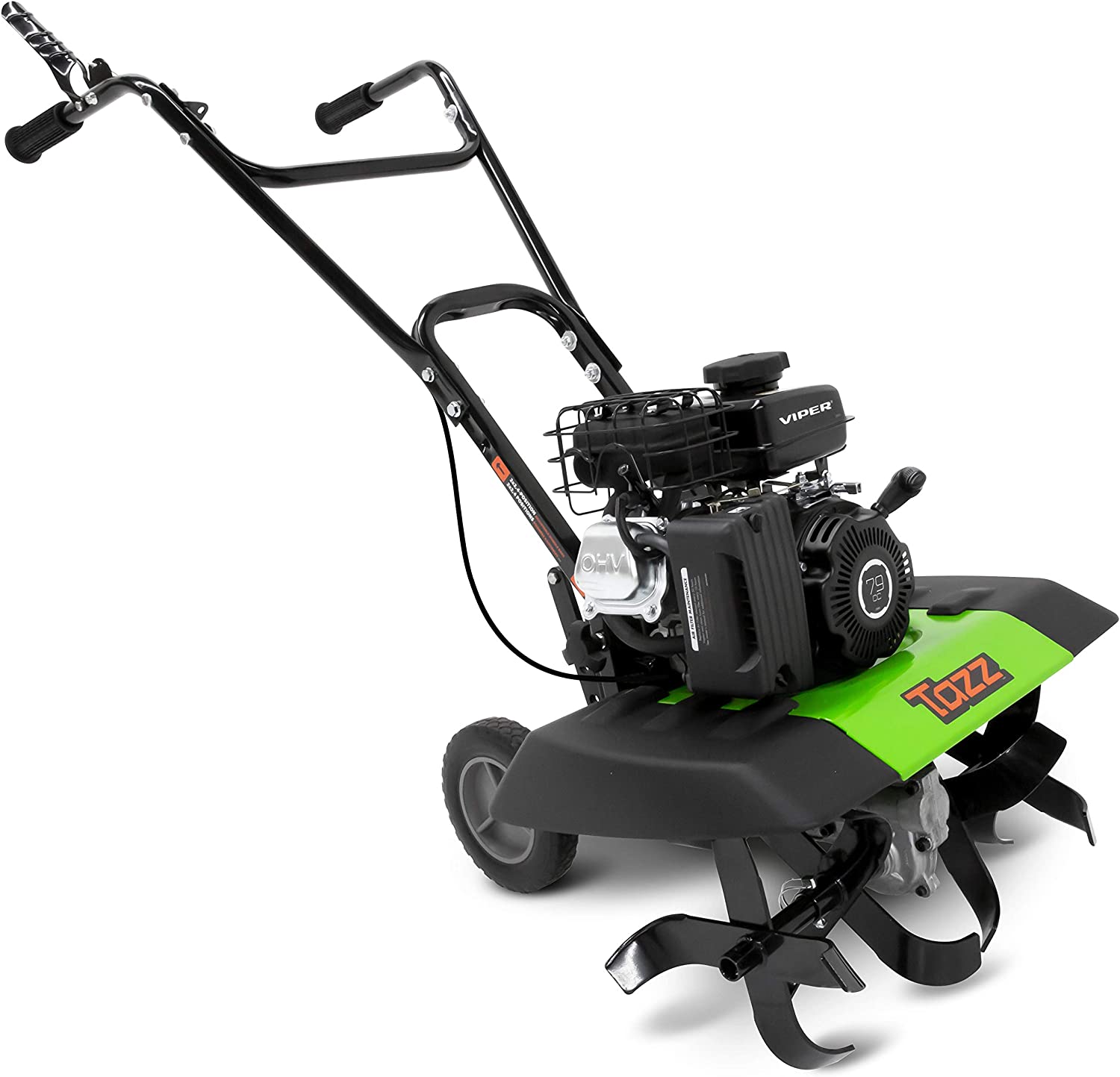 Tazz 35310 2-in-1 Front Tine Tiller/Cultivator, 79cc 4-Cycle Viper Engine, Gear Drive Transmission, Forged Steel Tines, Multiple Tilling Widths of 11”, 16” & 21”, Toolless Removable Side Shields,Green
