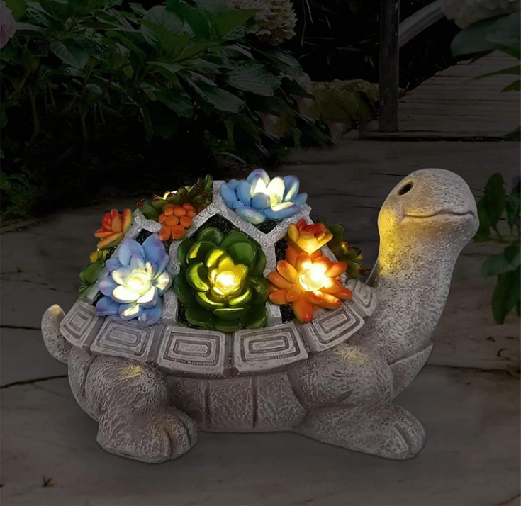Nacome Solar Garden Statue Turtle Figurine with Succulent and 7 LED Lights
